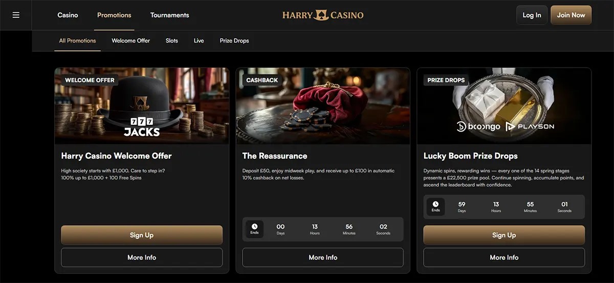 Harry Casino promotions page with category tabs and three premium promo cards for a welcome offer, cashback campaign, and Lucky Boom Prize Drops, featuring gold sign-up buttons on a dark luxury-themed interface.