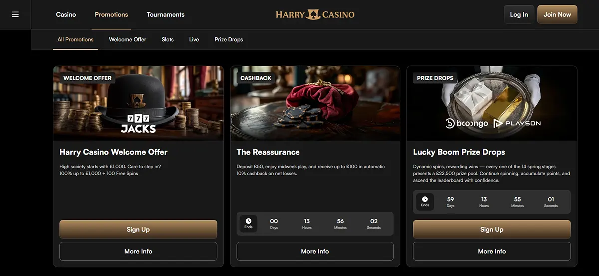 Harry Casino promotions page with category tabs and three premium promo cards for a welcome offer, cashback campaign, and Lucky Boom Prize Drops, featuring gold sign-up buttons on a dark luxury-themed interface.