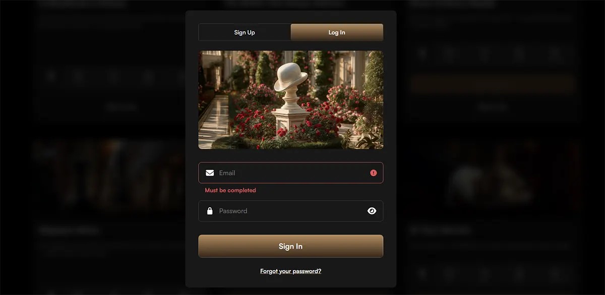 Casino login popup with sign-up and log-in tabs, a luxury garden banner image, email and password fields, a gold “Sign In” button, and a forgot password link on a dark background.