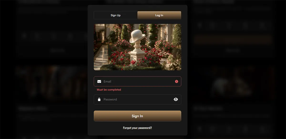 Casino login popup with sign-up and log-in tabs, a luxury garden banner image, email and password fields, a gold “Sign In” button, and a forgot password link on a dark background.